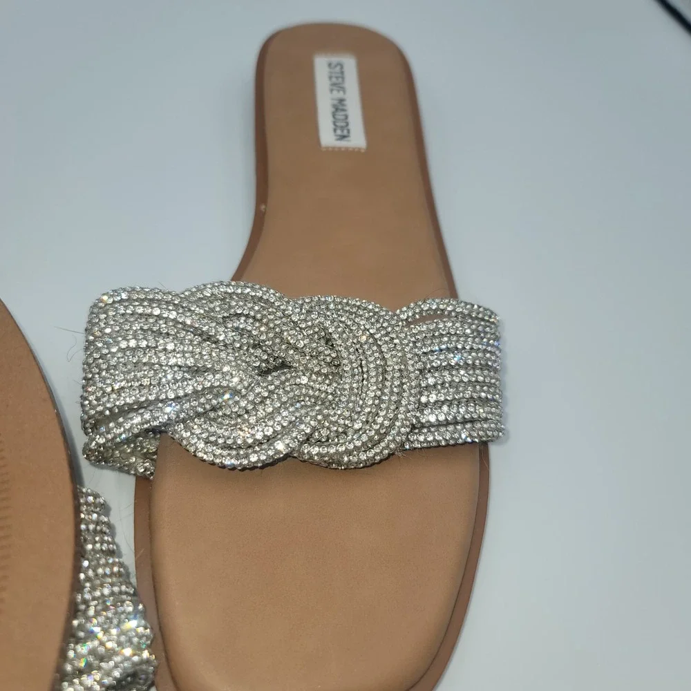 Steve Madden Solar Rhinestone Braided Slide Sandals Tan Silver Womens 9M Flat